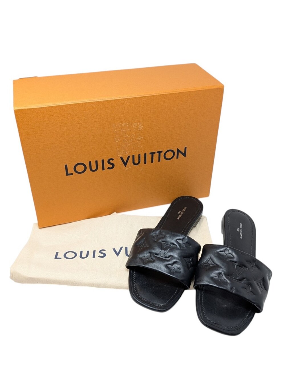 Louis Vuitton Revival Black Embossed Leather Flat Mule Slide Sandals Size EU 39